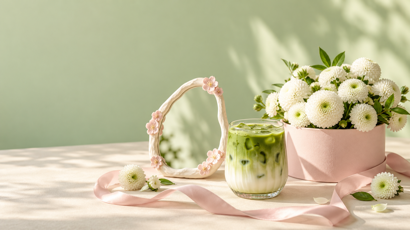 Minh họa gương trang trí, box hoa cúc pingpong và một ly matcha